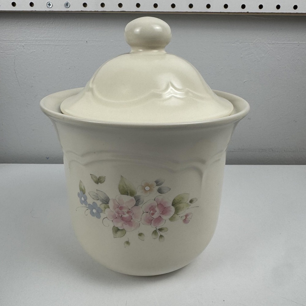 Vintage Pfaltzgraff Tea Rose Floral Cookie Jar 10 In White Stoneware USA